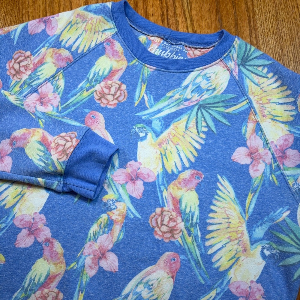 Chubbies Sweatshirt Mens Large Blue Tropical Parrot Hibiscus Raglan Pullover